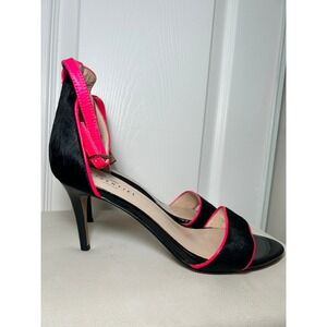 Anthropologie Essentiel Antwerp‎ Heels Black Pony Hair Pink Trim Ankle Strap 9.5